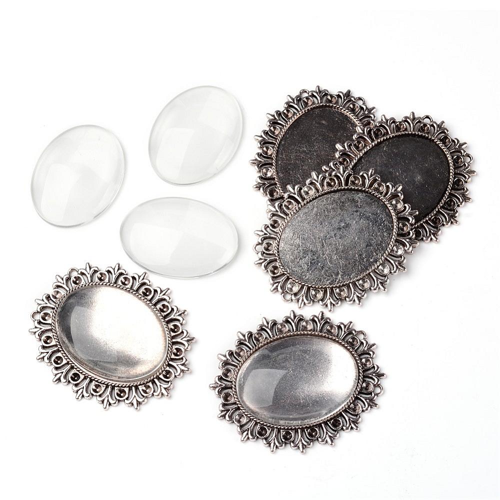 PandaHall Alloy Cabochon & Rhinestone Settings and 40x30mm Oval Clear Glass Covers Sets, Lead Free & Nickel Free, Antique Silver, Cabochon...