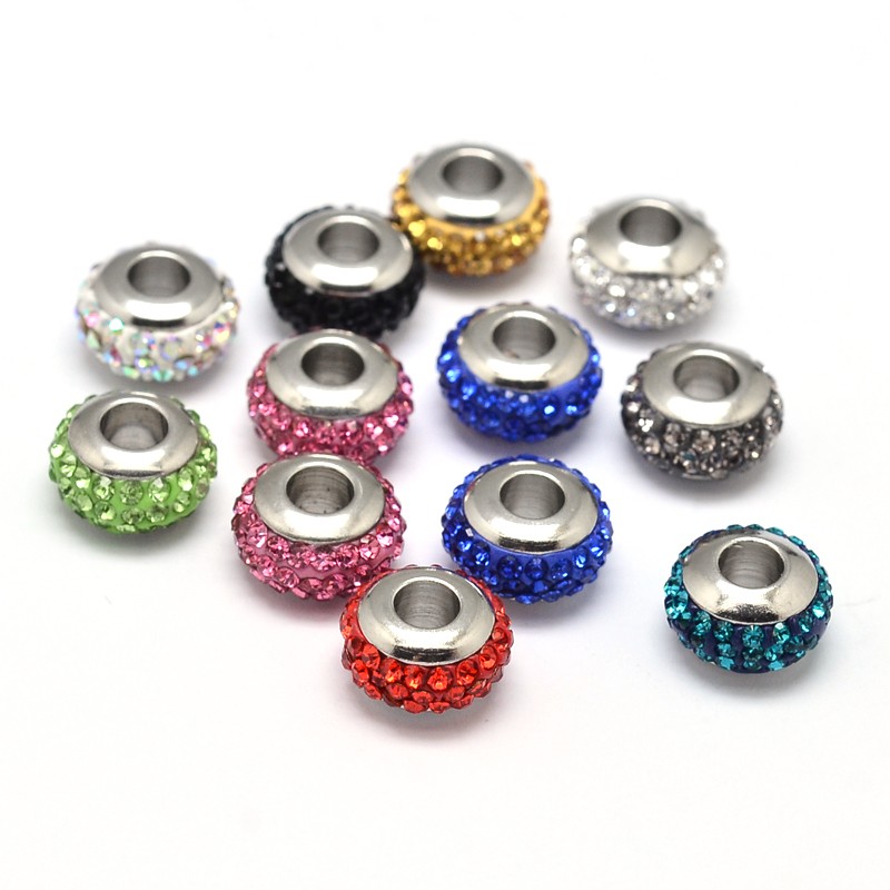 PandaHall Rondelle 304 Stainless Steel Polymer Clay Rhinestone European Beads, with Double Side Platinum Color Core, Stainless Steel Color...