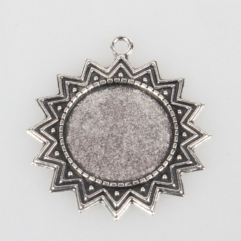 PandaHall Tibetan Style Alloy Sun Pendant Cabochon Settings, Antique Silver, Flat Round Tray: 25mm; 46x41x2mm, Hole: 3mm Alloy Sun