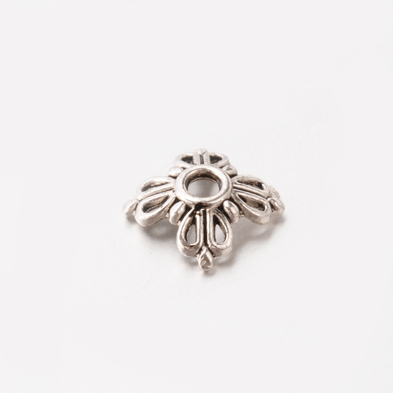 PandaHall 4-Petal Tibetan Style Alloy Bead Cap, Flower, Lead Free, Antique Silver, 2x8mm, Hole: 1.5mm Alloy