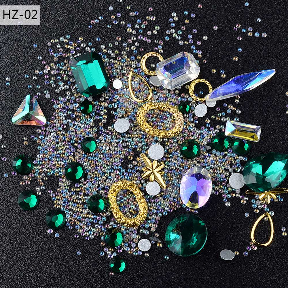 PandaHall Point Back Rhinestone & Crystal AB Rhinestone & Tiny Caviar Nail Beads, Nail Art Decoration Accessories, Mixed Shapes, Emerald...