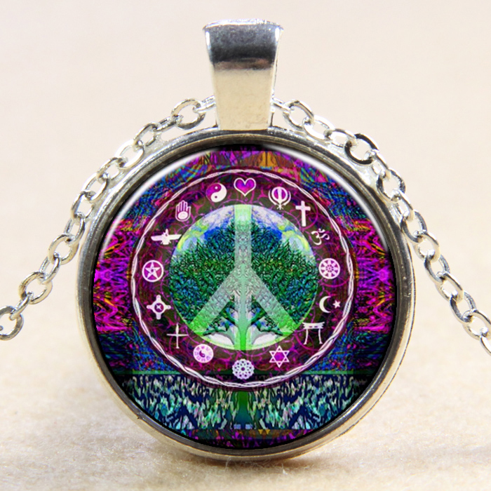 PandaHall Peace Sign and Tree Of Life Pattern Flat Round Glass Pendant Necklaces, with Alloy Chains, Silver, 18" Alloy