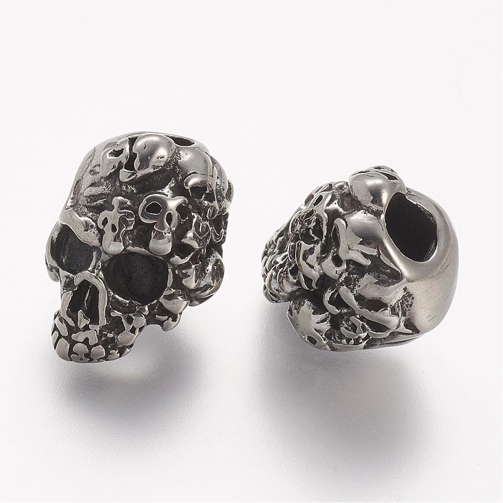 PandaHall 304 Stainless Steel European Beads, Skull, Large Hole Beads, Antique Silver, 15.5x11x11.5mm, Hole: 4mm Stainless Steel Skull