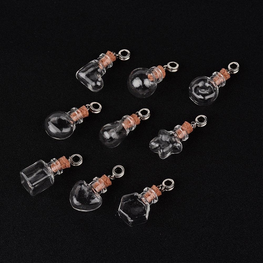 PandaHall Mixed Shapes Glass Wishing Bottle European Dangle Beads, with Alloy Hanger Links and Iron Findings, Antique Silver, 44~46mm, Hole...