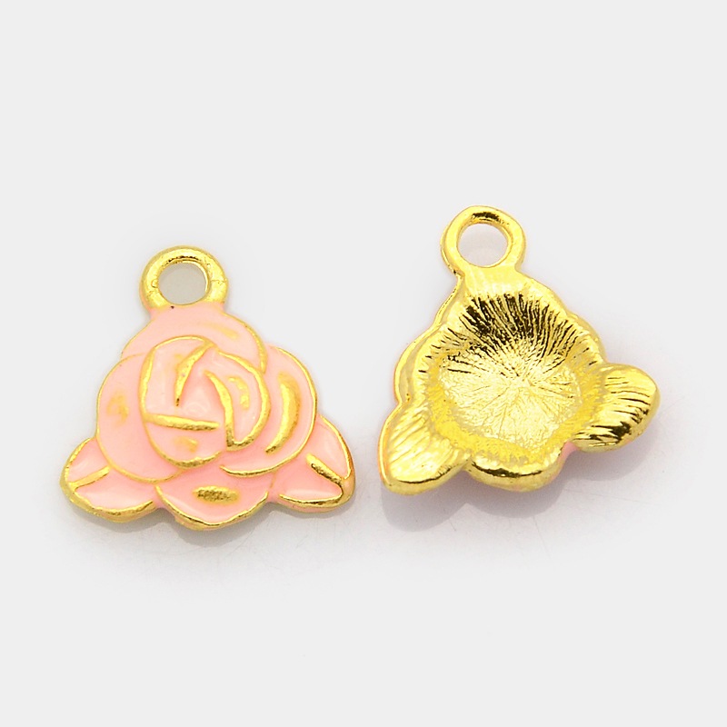 PandaHall Golden Tone Alloy Enamel Flower Pendants, Rose Charms, Pink, 16x16x4mm, Hole: 2mm Alloy+Enamel Flower Pink