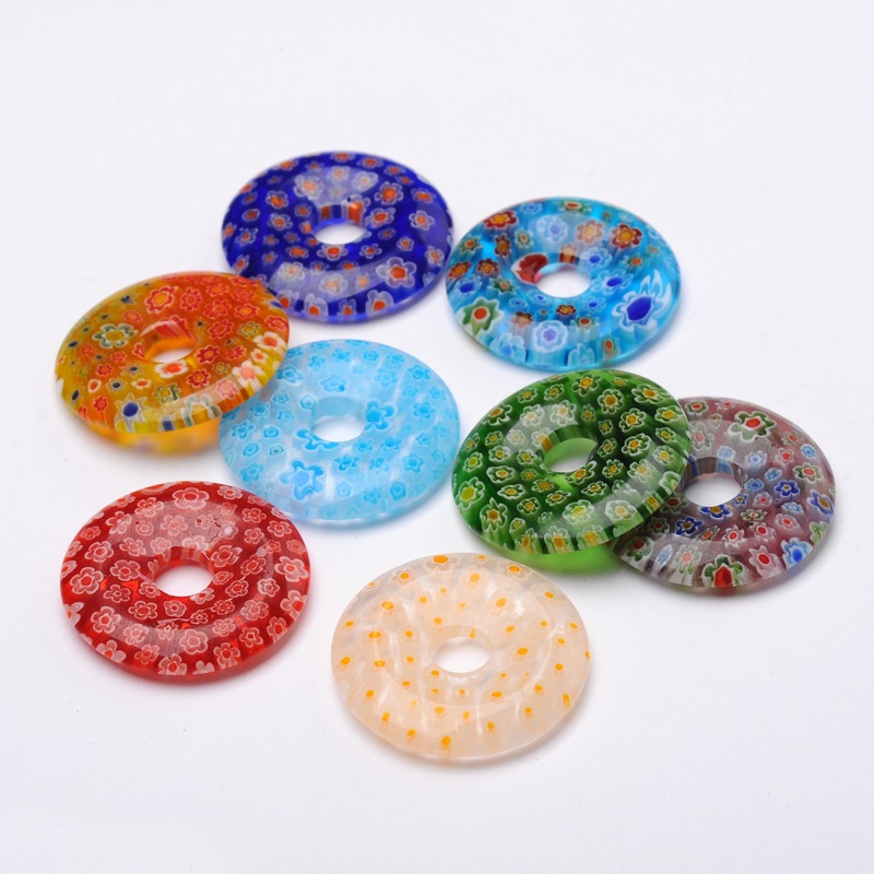 PandaHall Donut Millefiori Glass Pendants, Mixed Color, 34~39x5~6mm, Hole: 8mm Millefiori Lampwork Donut Multicolor