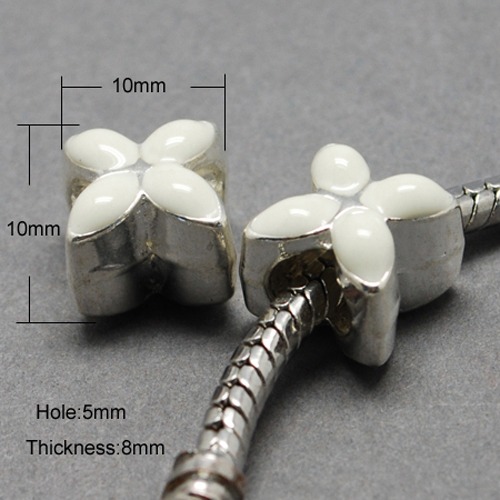 PandaHall Alloy Enamel European Beads, Large Hole Beads, Flower, Silver, White, 10x10x8mm, Hole: 5mm Alloy+Enamel Flower White