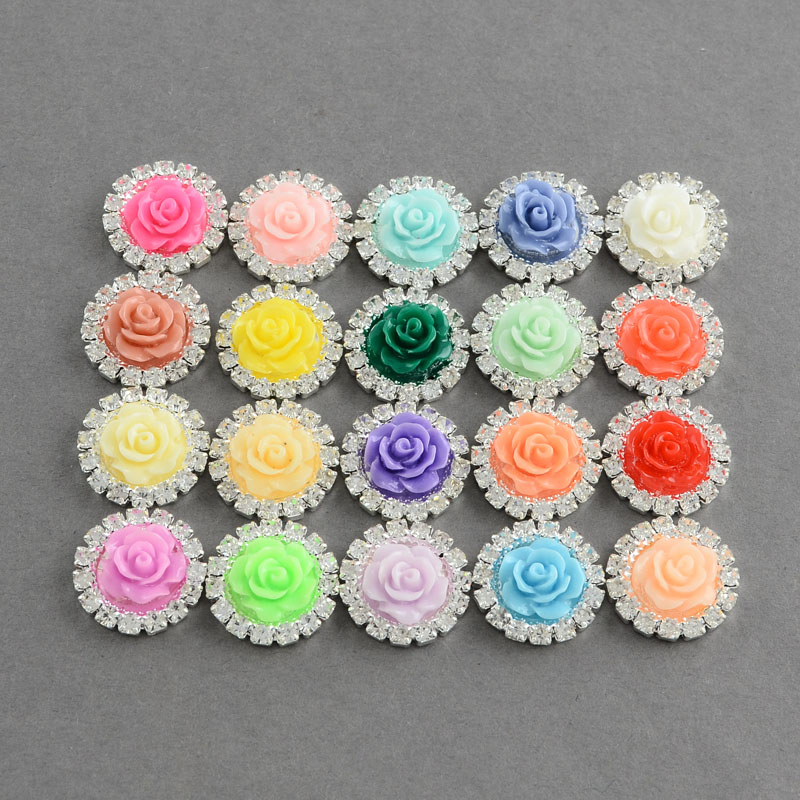 PandaHall Shining Flatback Flower Resin Silver Brass Rhinestone Cabochon Settings, with Grade A Crystal Rhinestones, Mixed Color, 16x5mm...