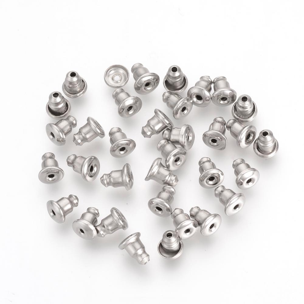 PandaHall 316L Stainless Steel Ear Nuts Findings, Stainless Steel Color, 5~6x4.5x4.5mm, Hole: 1mm Stainless Steel
