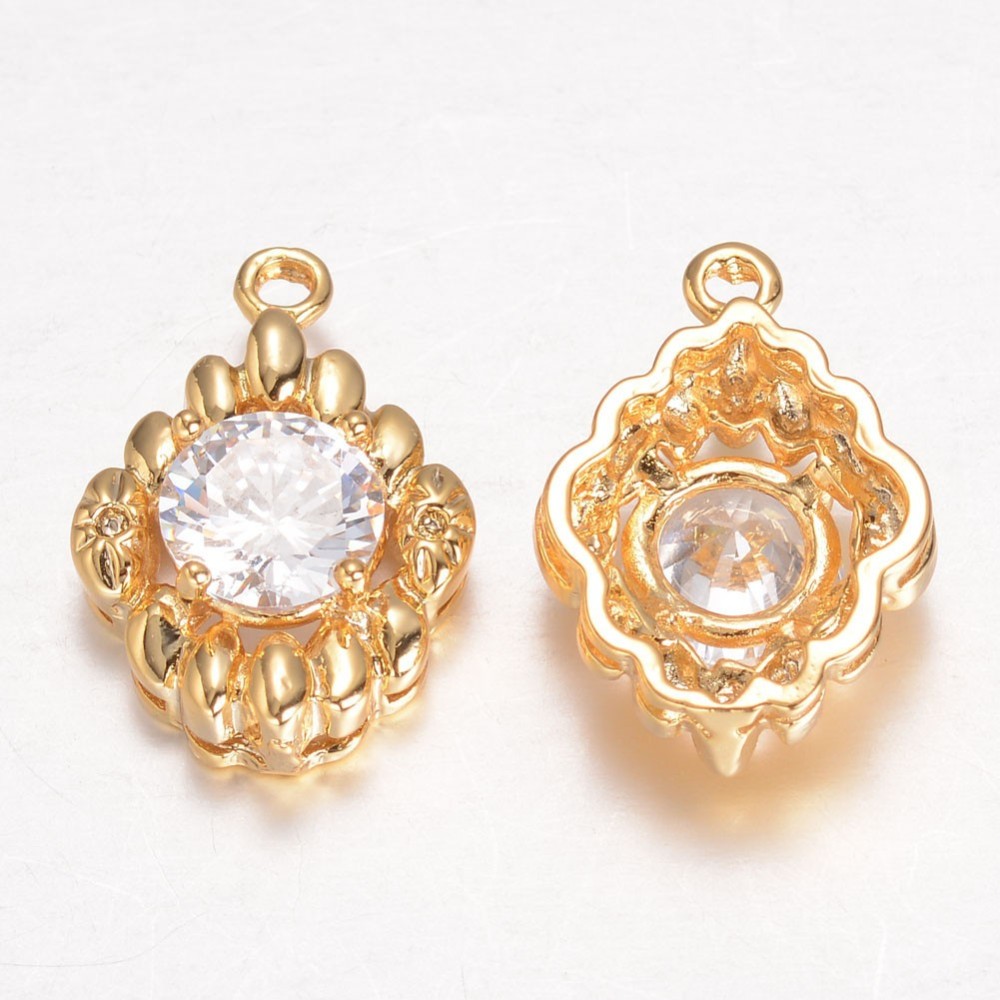 PandaHall Brass Cubic Zirconia Pendants, Flower, Golden, 18x13x5.5mm, Hole: 1mm Brass+Cubic Zirconia Flower Clear