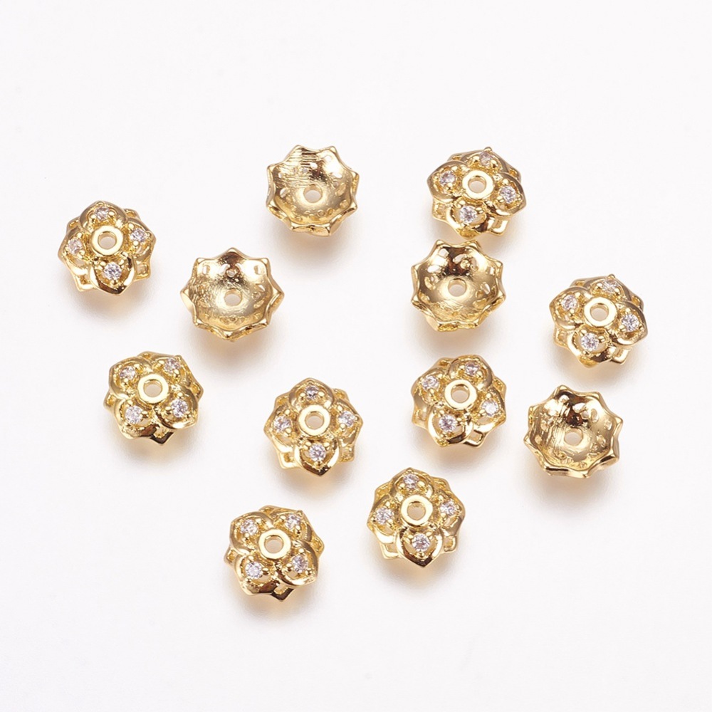 PandaHall Brass Beads Caps, with Cubic Zirconia, Flower, Real Gold Plated, 7x2mm, Hole: 1mm Brass+Cubic Zirconia