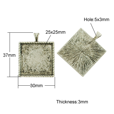 PandaHall Tibetan Style Pendant Cabochon Settings, Cadmium Free & Lead Free, Square, Antique Silver, 37x30x3mm, Tray:25x25mm, Hole: 5x3mm...