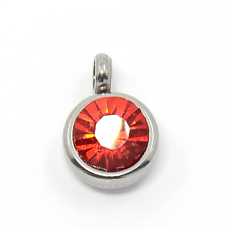 PandaHall Trendy Original Color 304 Stainless Steel Grade A Rhinestone Flat Round Charm Pendants, Faceted, Light Siam, 9x6.5x4mm, Hole: 2mm...