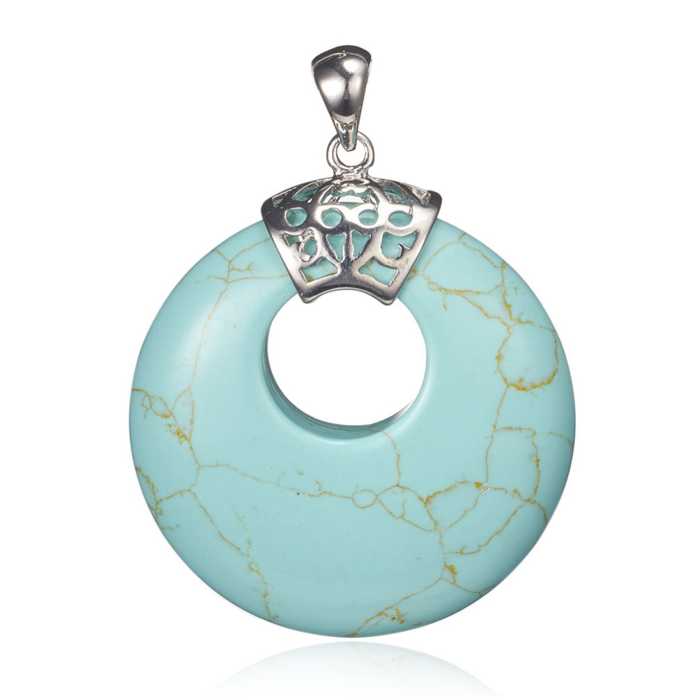 PandaHall Synthetic Turquoise Pendants, with Brass Findings, Flat Round, Platinum, 47x39.5~40.5x8mm, Hole: 4x6mm Synthetic Turquoise Flat...