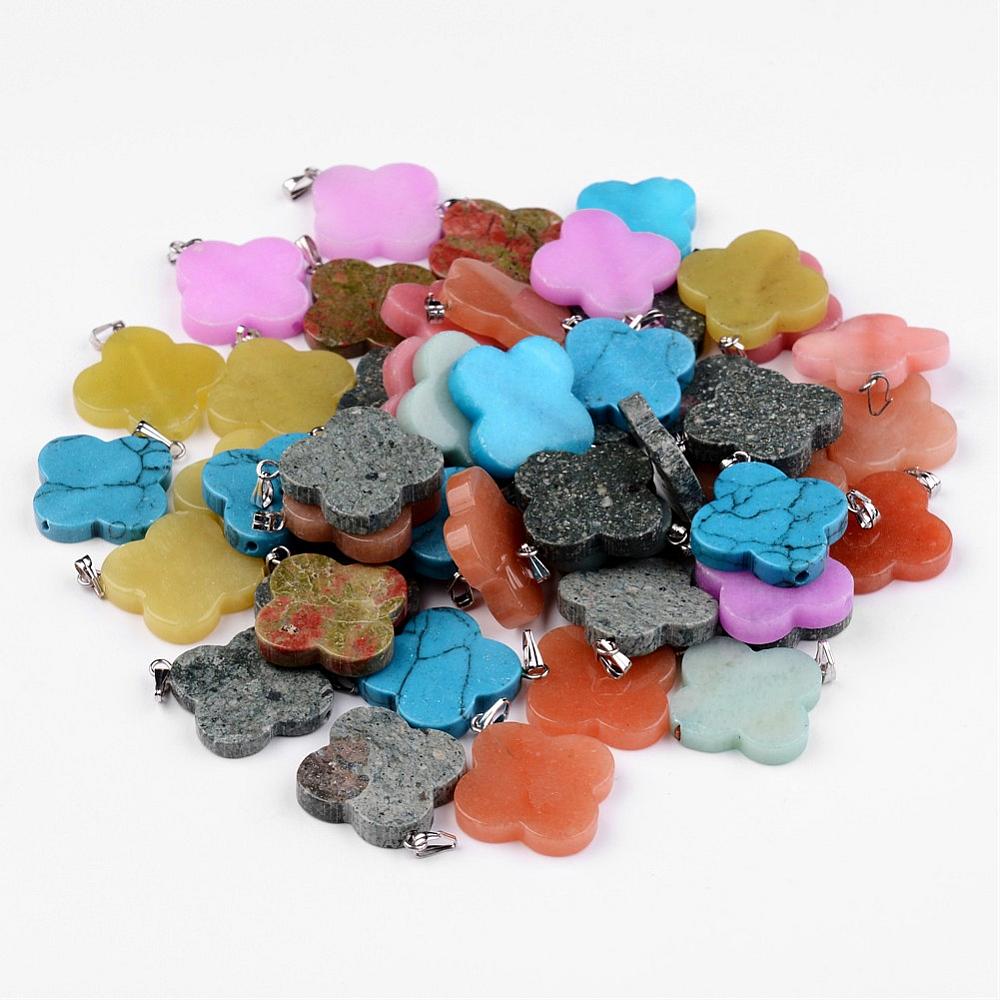 PandaHall Natural Dyed Gemstone Pendants, with Platinum Tone Brass Findings, Flower, Mixed Color, 27.5x23.5x4mm, Hole: 2x4.5mm Gemstone...