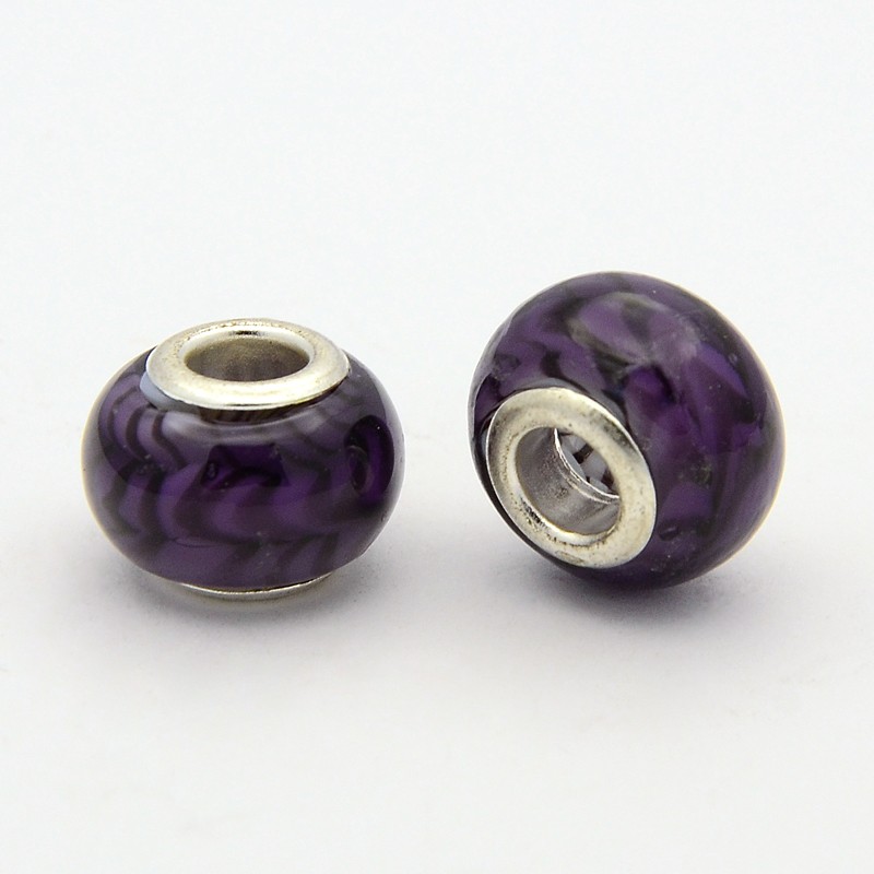 PandaHall Handmade Lampwork European Large Hole Rondelle Beads, with Silver Plated Brass Double Cores, Indigo, 14~15x9~11mm, Hole: 4~5mm...