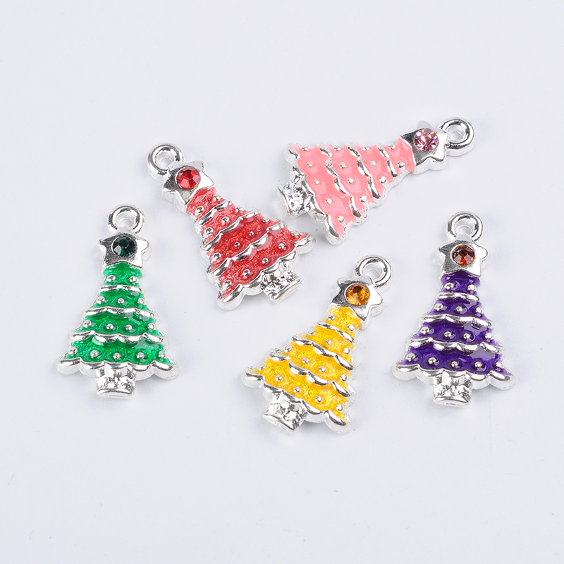 PandaHall Alloy Enamel Pendants, with Rhinestones, Christmas Tree, Mixed Color, Silver Color, about 21mm long, 12mm wide, 4mm thick, hole...