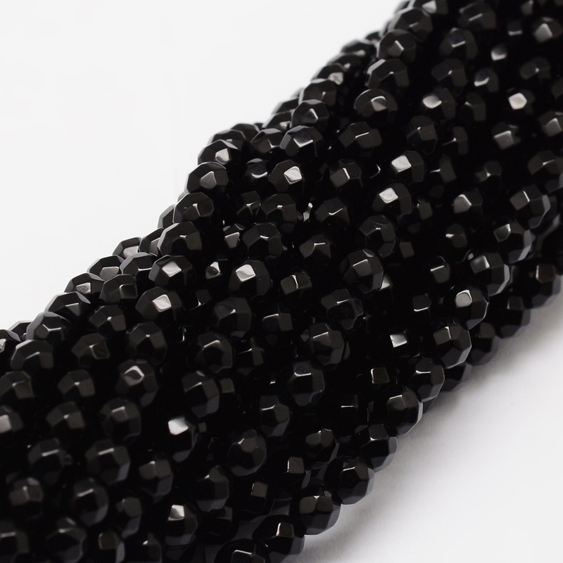 PandaHall Faceted Natural Agate Round Beads Strands, Dyed, Black, 4mm, Hole: 1mm; about 92pcs/strand, 15.3" Natural Agate Round Black