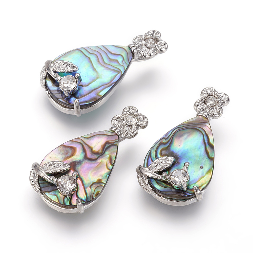 PandaHall Natural Paua/Abalone Shell Pendants, with Brass Rhinestone Findings, Drop with Flower, Platinum, 29x15.5x7.5mm, Hole: 3x6mm Paua...