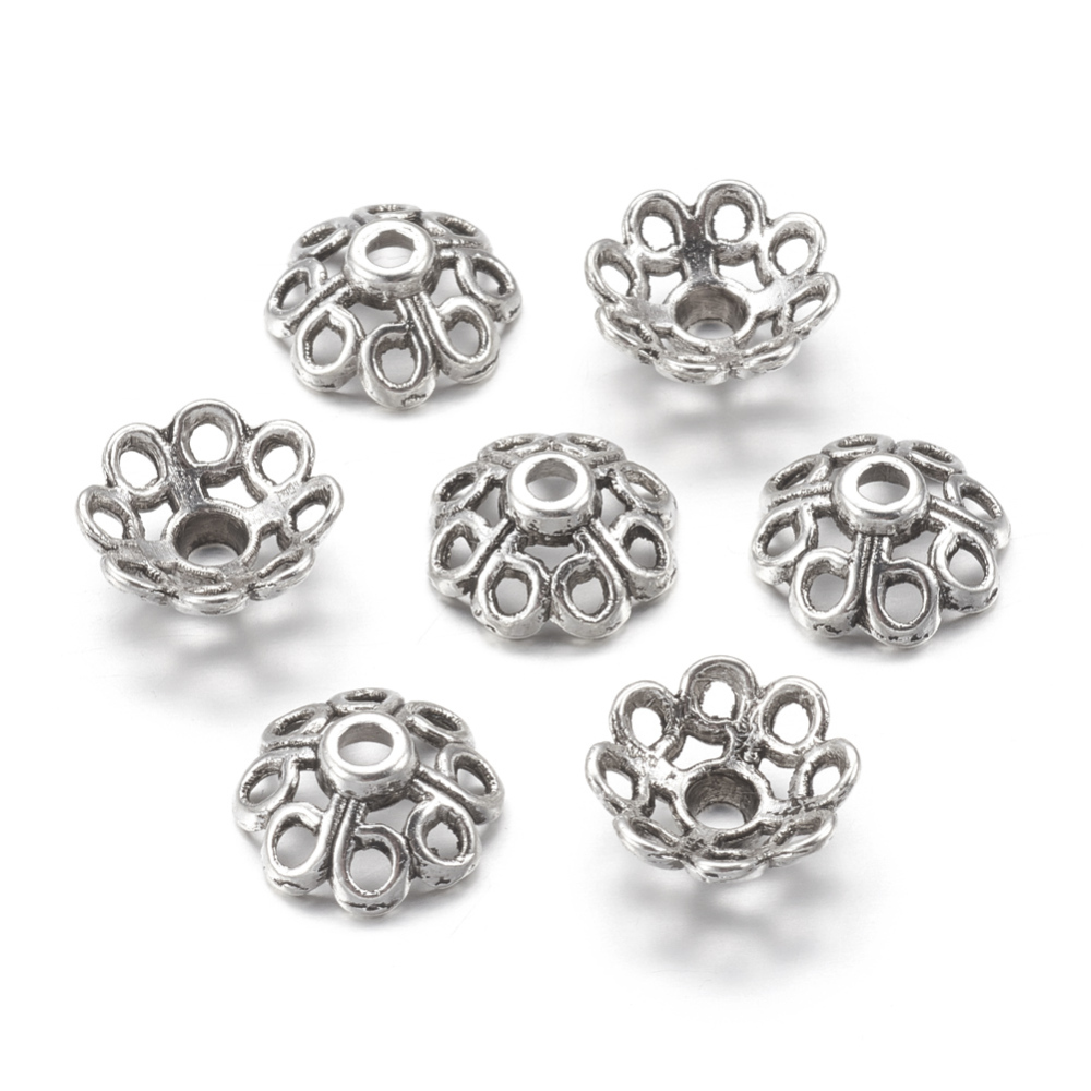 PandaHall Tibetan Silver Bead Caps, Lead Free and Cadmium Free, Flower, Antique Silver, about 11mm in diameter, 5mm thick, hole: 1.5mm Alloy