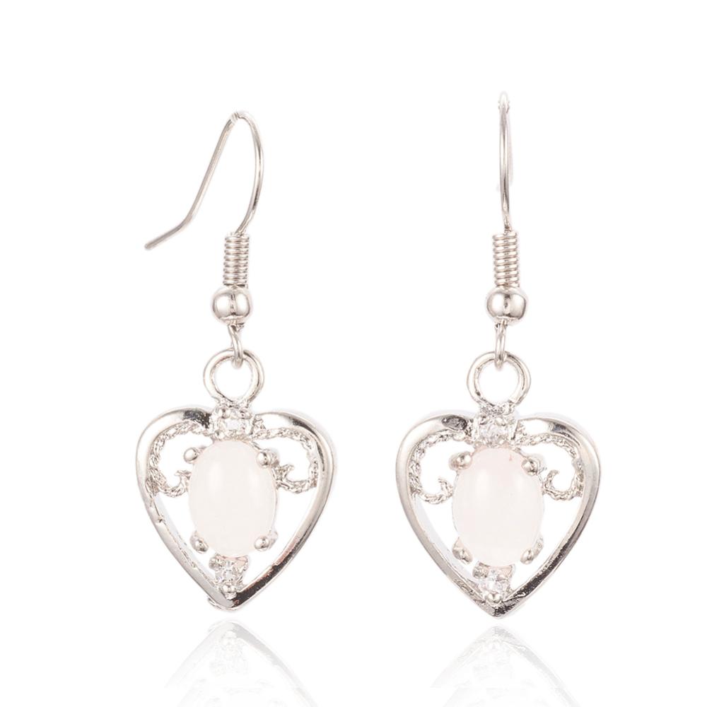 PandaHall Natural Rose Quartz Dangle Earrings, with Platinum Tone Brass Findings, Heart, 35mm; Pin: 0.6mm Rose Quartz