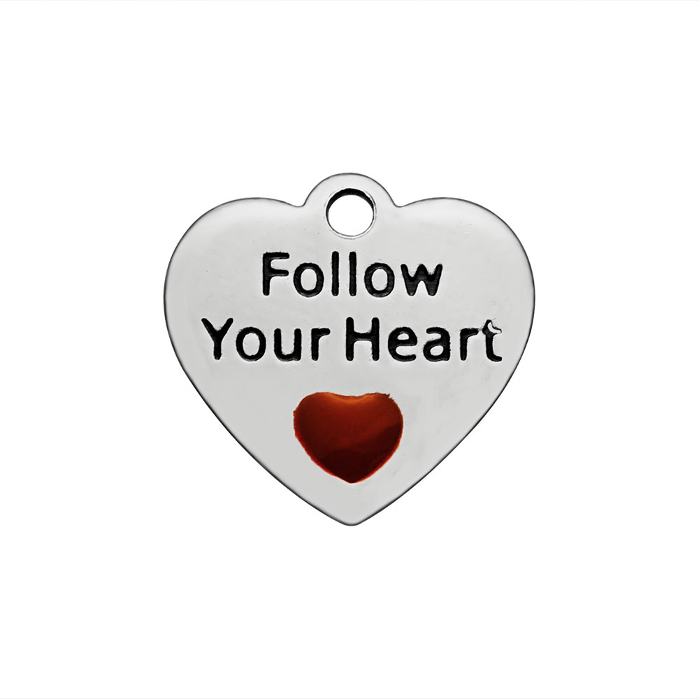 PandaHall 304 Stainless Steel Enamel Pendants, Heart with Word Follow Your Heart, Black, 15x16x1mm, Hole: 2mm Stainless Steel+Enamel Heart...