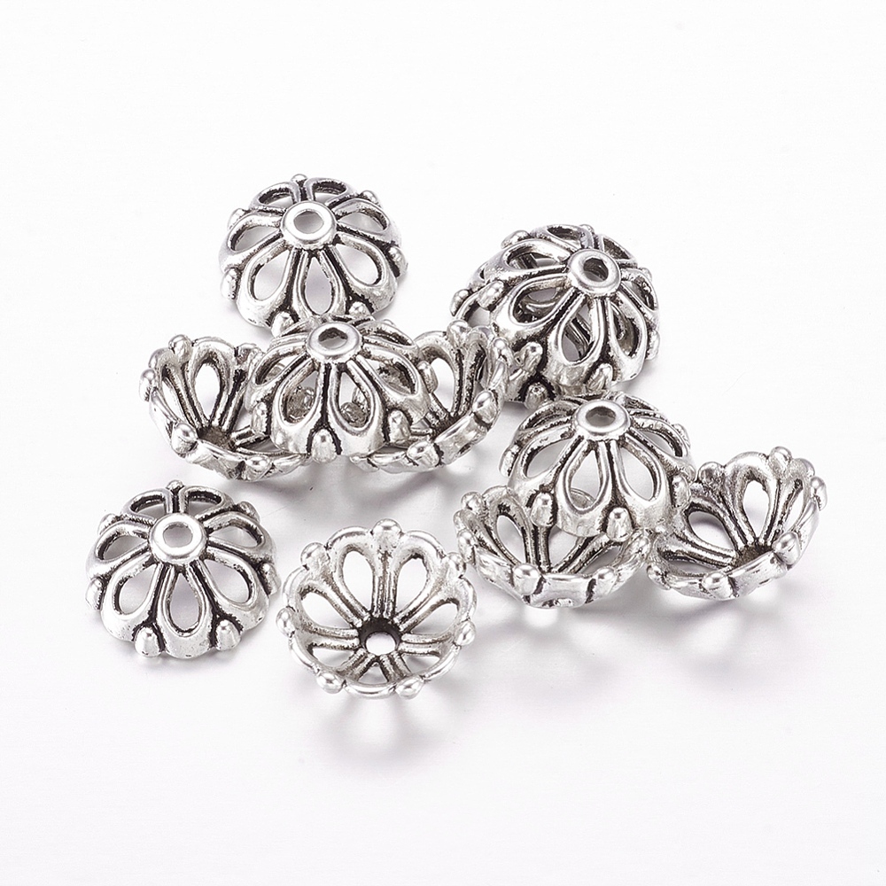 PandaHall Tibetan Silver Flower Bead Caps, Apetalous, Lead Free & Cadmium Free, Antique Silver, about 14mm in diameter, 6mm thick, hole...
