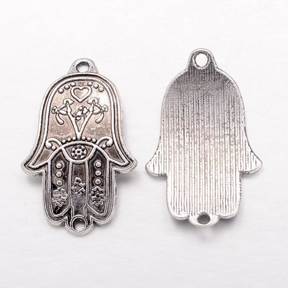 PandaHall Antique Silver Alloy Tibetan Style Hamsa Hand/Hand of Fatima/Hand of Miriam Connector Links, Lead Free, Size: about 37mm long...