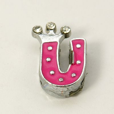 PandaHall Alloy Enamel Rhinestone Slide Charms, Letter, Platinum Metal Color, Letter.U, Fuchsia, 16x9x4mm, Hole: 1x8mm Alloy+Enamel Pink