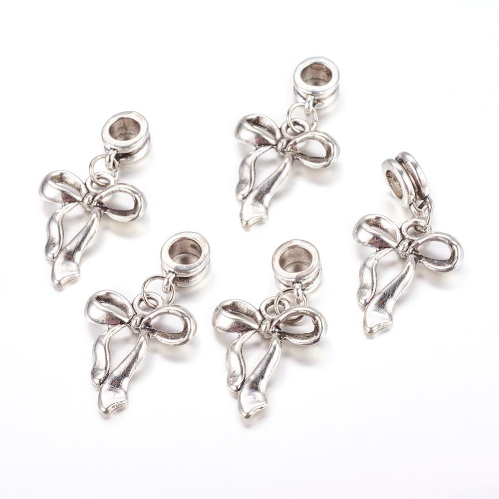 PandaHall Alloy European Dangle Beads, Bowknot, Antique Silver, 34mm, Hole: 5mm Alloy Bowknot