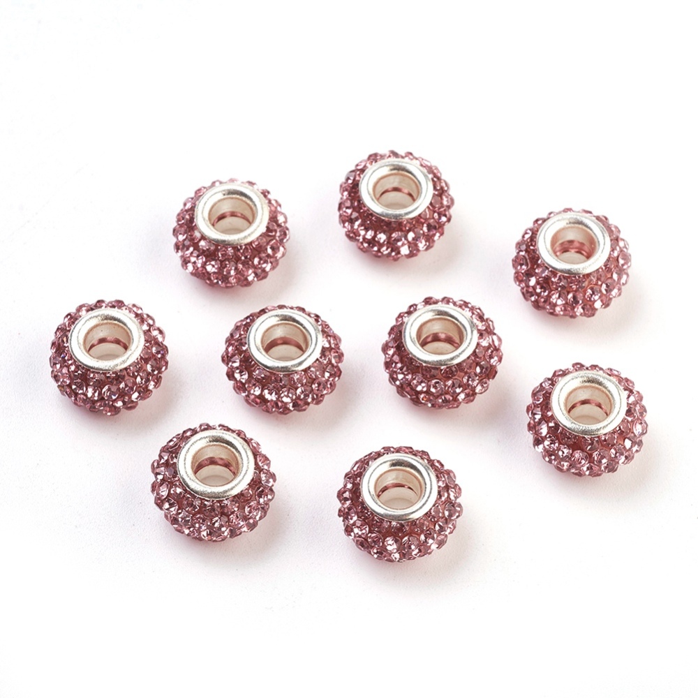 PandaHall Grade A Rhinestone European Beads, Large Hole Beads, Resin, with Silver Color Brass Core, Rondelle, Light Rose, 12x8mm, Hole: 4mm...