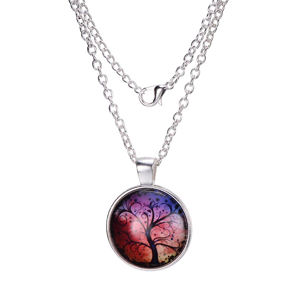 PandaHall Tree Of Life Pattern Flat Round Glass Pendant Necklaces, with Alloy Chains, Silver, 18" Alloy Silver