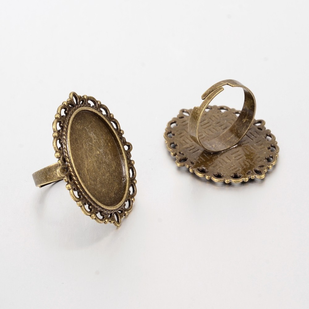 PandaHall Adjustable Brass Ring Components, with Oval Alloy Cabochon Settings, Nickel Free, Antique Bronze, Tray: 25x18mm; 18mm Brass