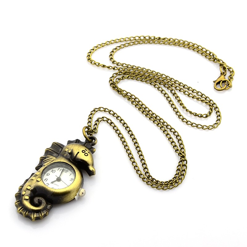 PandaHall Alloy Seahorse Pendant Necklace Quartz Pocket Watch, with Iron Chains and Lobster Claw Clasps, Antique Bronze, 30.7", Watch Head...