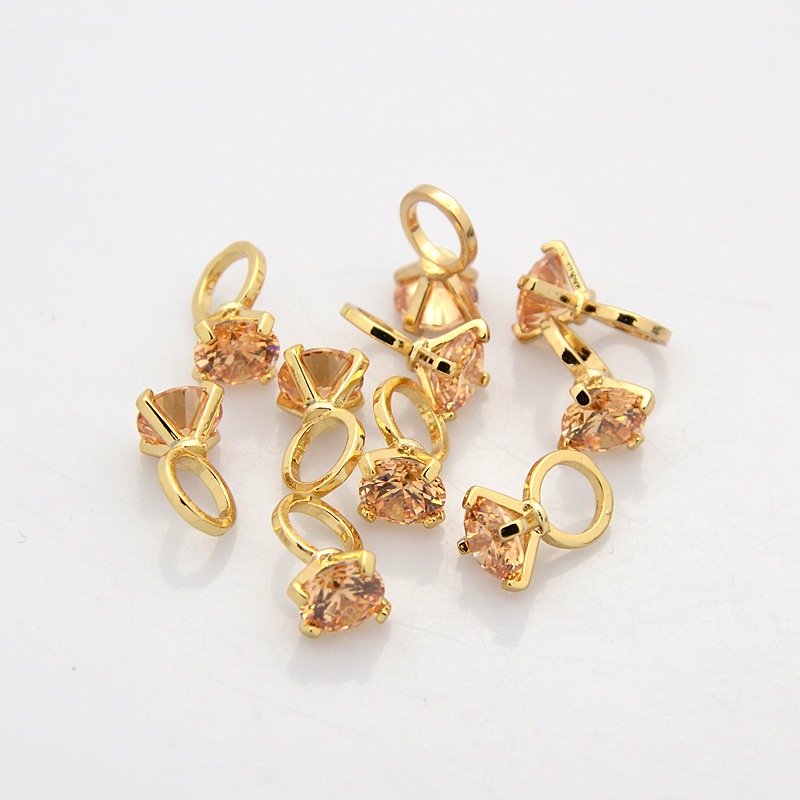 PandaHall Real Gold Plated Brass Rhinestone Pendants, Diamond Rings Charms, Light Peach, 12x8mm, Hole: 5mm Brass+Rhinestone Diamond