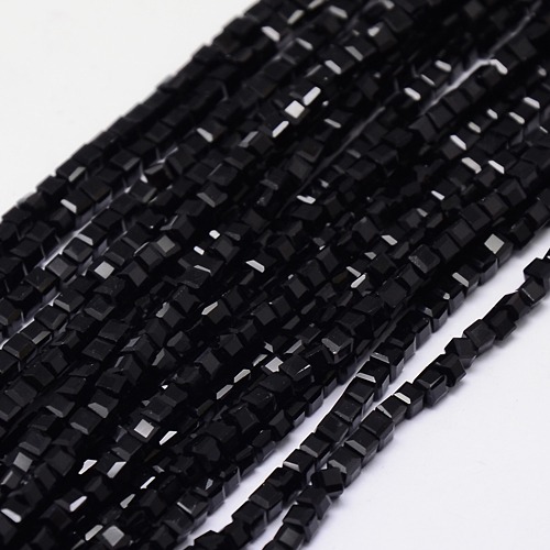 PandaHall Glass Beads Strands, Faceted, Cube, Black, 2x2x2mm, Hole: 1mm; about 198pcs/strand, 16.3" Glass Square Black