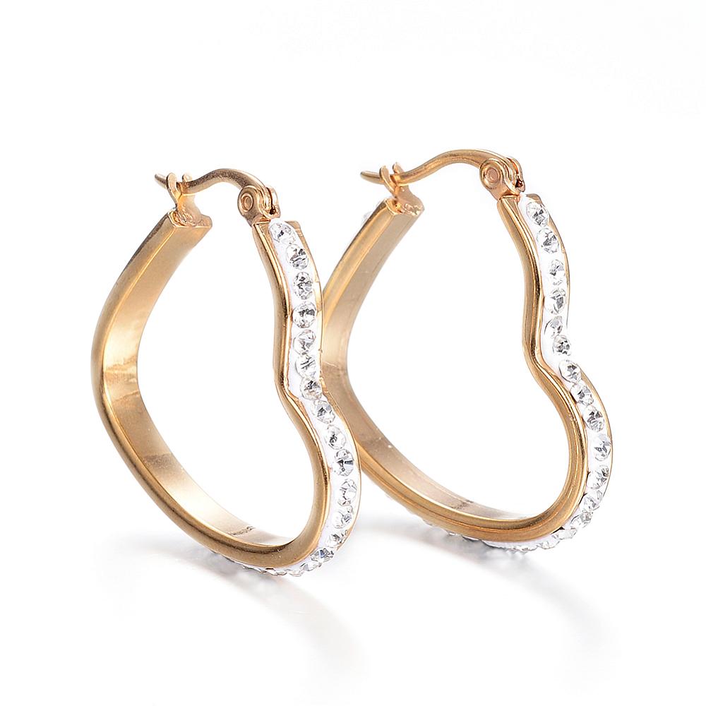 PandaHall 304 Stainless Steel Hoop Earrings, with Polymer Clay and Rhinestone, Heart, Golden, 30x28x3.5mm; Pin: 1x0.8mm Stainless Steel