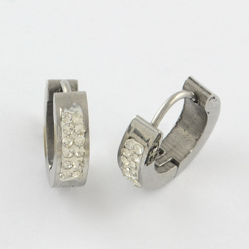 PandaHall 304 Stainless Steel Rhinestone Hoop Earrings, Stainless Steel Color, 14x4mm, Pin: 0.8mm Rhinestone