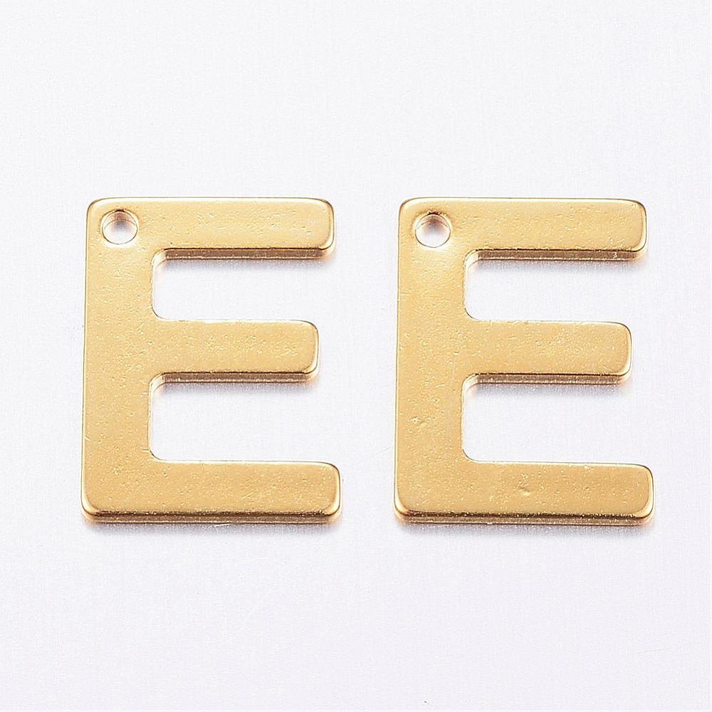PandaHall 304 Stainless Steel Charms, Letter.E, Golden, 11x8x0.8mm, Hole: 1mm Stainless Steel Alphabet