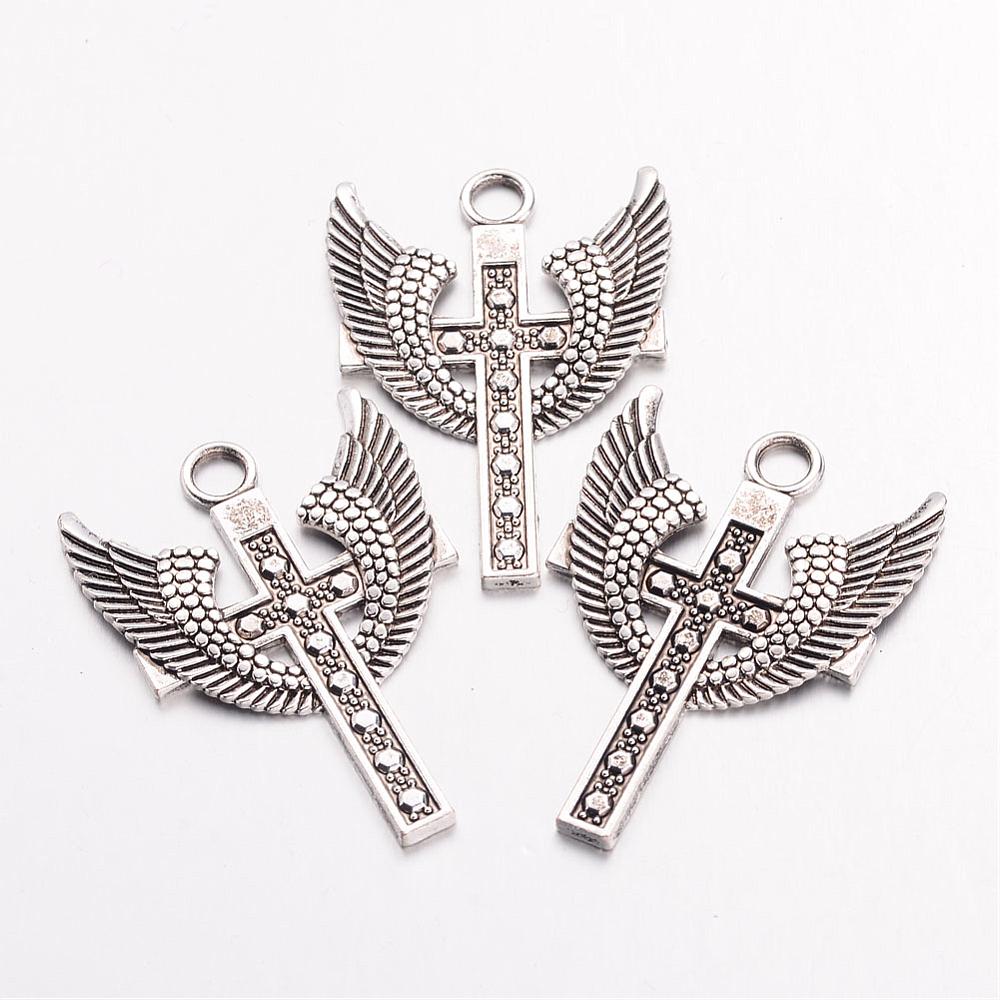 PandaHall Tibetan Style Alloy Gothic Pendants, Cross with Wing, Cadmium Free & Nickel Free & Lead Free, Antique Silver, 40x28.2x3mm, Hole...