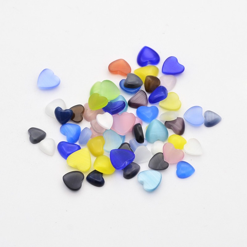 PandaHall Mixed Heart Cat Eye Cabochons, Mixed Color, 6~8x6~8x2~2.5mm, about 200g/bag Glass Heart Multicolor