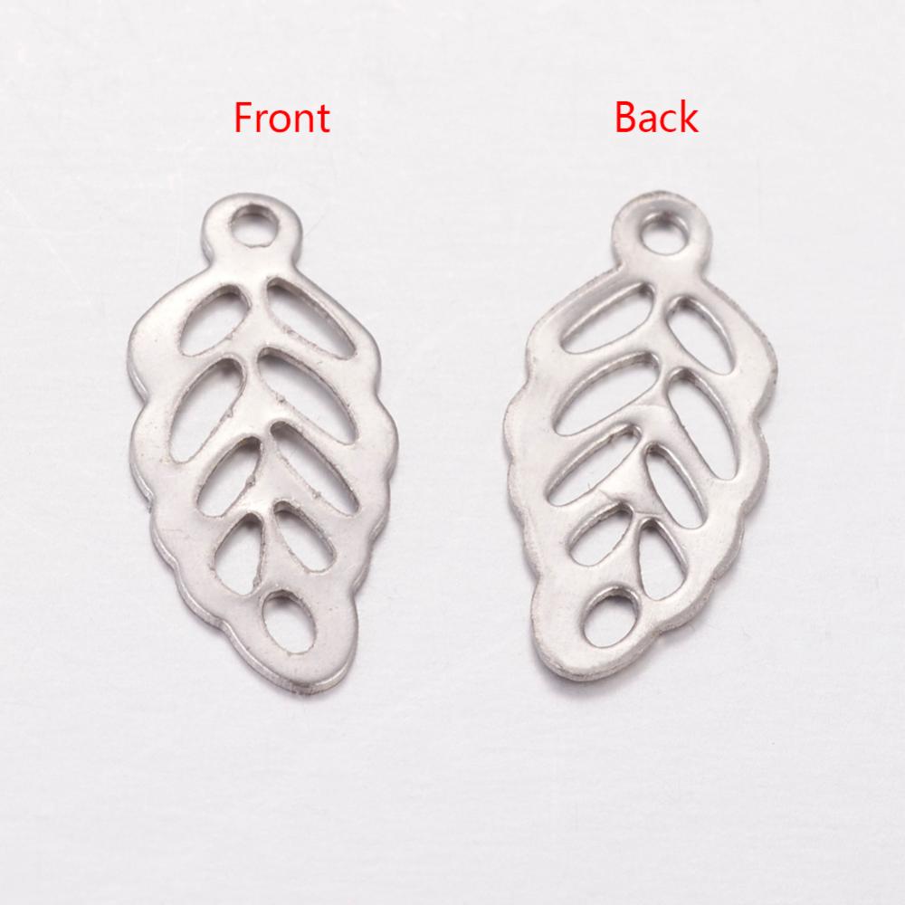 PandaHall 304 Stainless Steel Filigree Pendants, Leaf Charms, Stainless Steel Color, 13x6x0.5mm, Hole: 1mm Stainless Steel Leaf