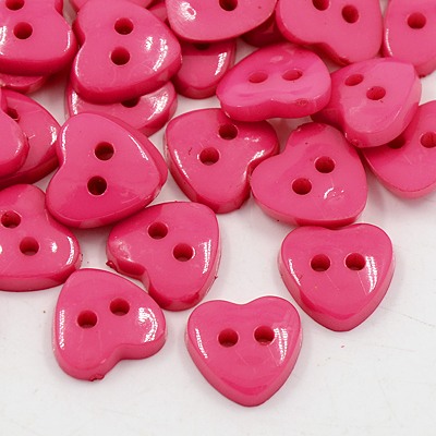 PandaHall Acrylic Heart Buttons, Plastic Sewing Buttons for Costume Design, 2-Hole, Dyed, DeepPink, 12x12x3mm, Hole: 1mm Acrylic Heart Pink