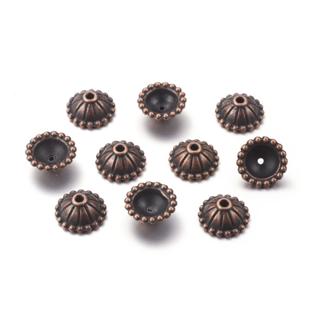 PandaHall Tibetan Style Bead Caps, Lead Free & Nickel Free, Hat, Red Copper, 10.5mm in diameter, 5mm thick, Hole: 1mm Alloy