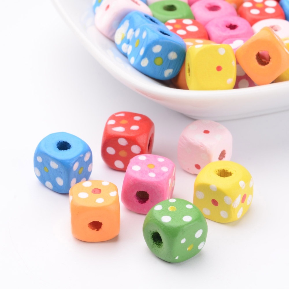 PandaHall 50PCS Mixed Lead Free Cube with Flower Wood Beads, Dyed, about 10mm long, 10mm wide, 10mm thick, hole: 3mm Wood Cube Multicolor