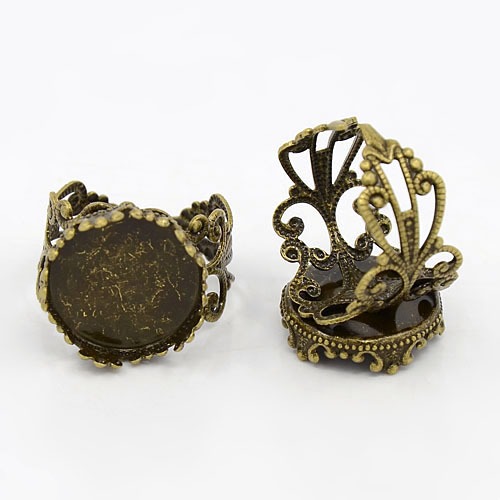 PandaHall Adjustable Antique Bronze Tone Filigree Brass Ring Component Cabochon Settings, Tray: 15mm; 18mm Brass