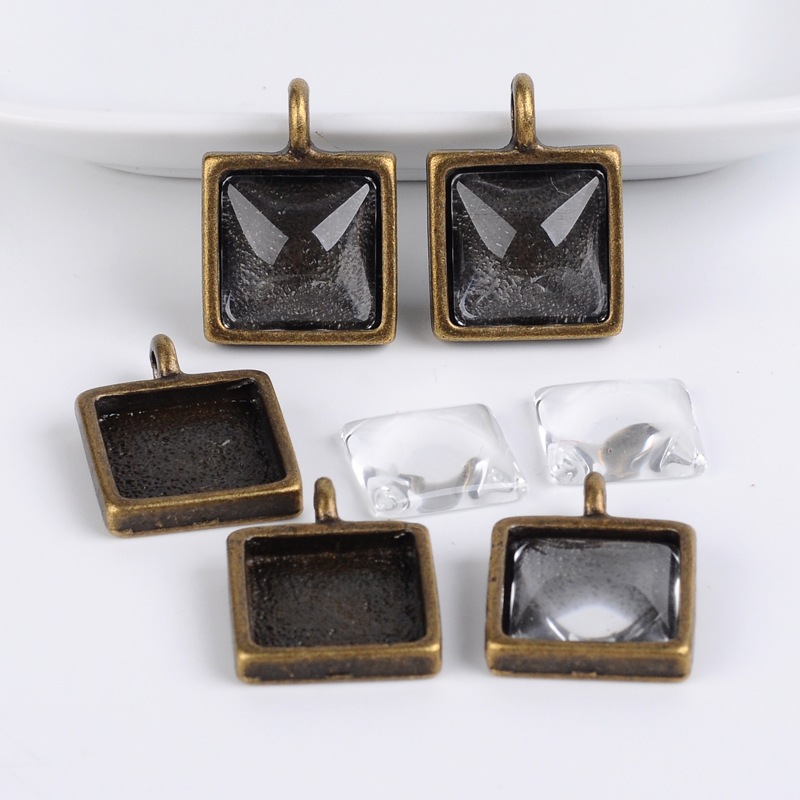 PandaHall Bubble Locket Tibetan Style Pendant Cabochon Bezel Settings and Clear Glass Cabochons, Square, Lead Free & Nickel Free, Antique...