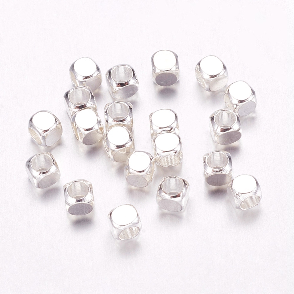 PandaHall Brass Bead Spacers, Cube, Silver, 3x3mm, Hole: 2mm Brass Cube