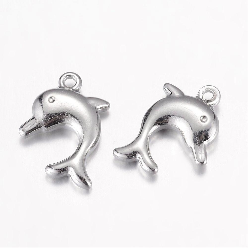 PandaHall 304 Stainless Steel Pendants, Dolphin, Stainless Steel Color, 17x13x3.5mm, Hole: 1mm Stainless Steel Dolphin