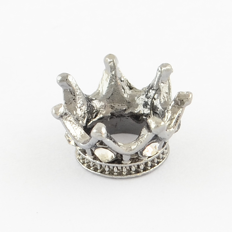 PandaHall Vintage Alloy Rhinestone Beads, Large Hole Crown Beads, Antique Silver, 12x6mm, Hole: 5.5mm Alloy+Rhinestone Crown